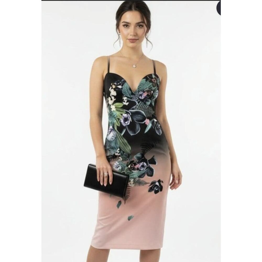 Bebe‎ Women Bodycon Dress Orchid Print Midi Knee Length Size M #357